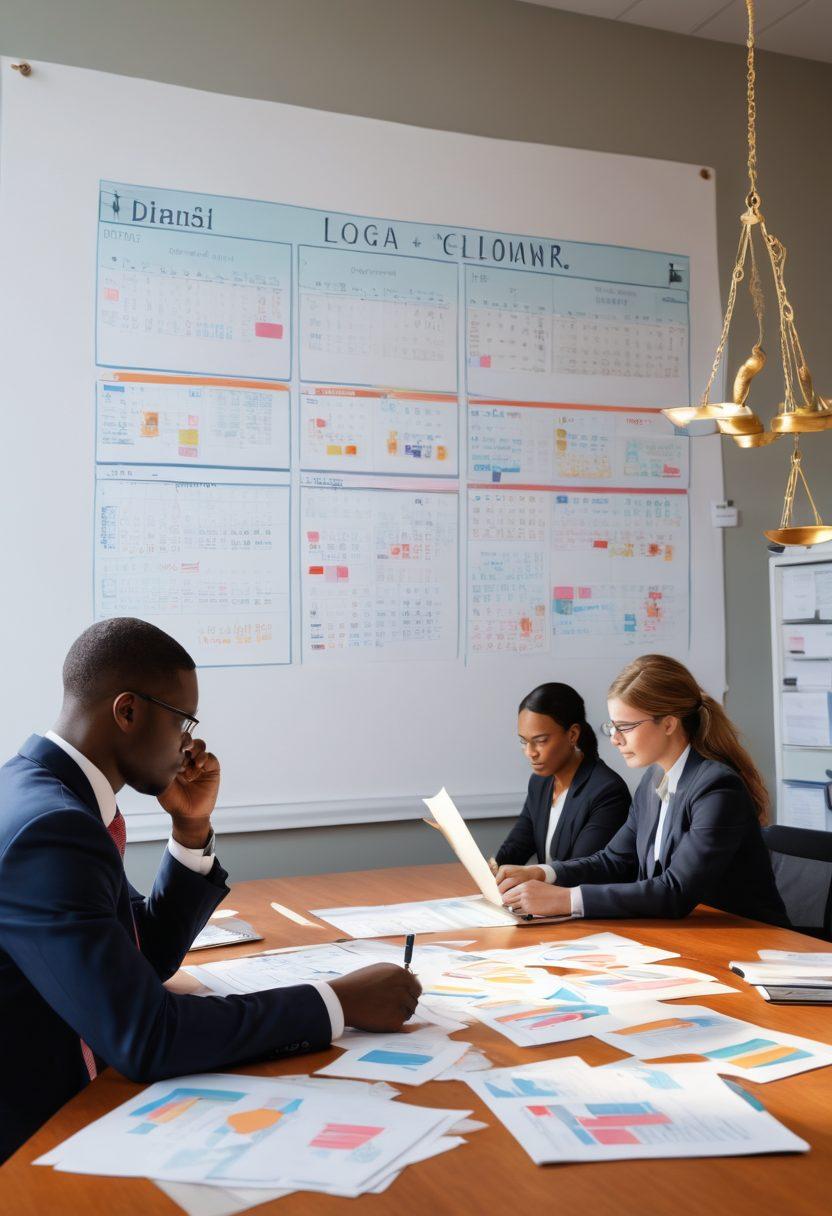 An illustration of a dynamic legal calendar with marked important dates and deadlines, overlaid with silhouettes of scales of justice and the North Carolina state outline. Include an engaged professional contemplating strategies with papers and a laptop in a vibrant, collaborative office space. Emphasize a sense of urgency and organization, highlighting a diverse group of people working together. super-realistic. vibrant colors. 3D.