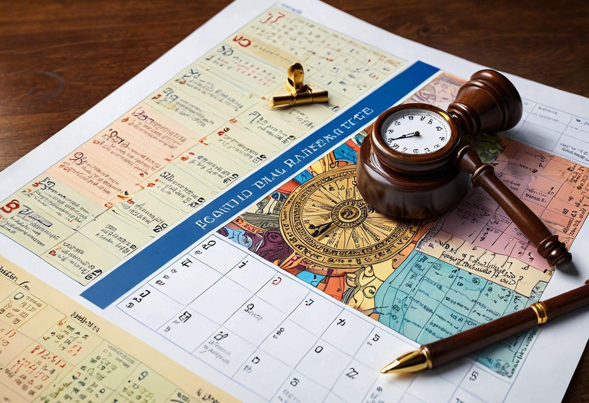 A detailed roadmap leading to a courthouse, prominently displaying legal symbols like scales of justice and gavel. Surrounding the path are calendar pages marking important court dates, with clocks emphasizing timeliness. The scene should evoke a sense of urgency and clarity, illustrating the importance of procedure in the justice system. vibrant colors. super-realistic.