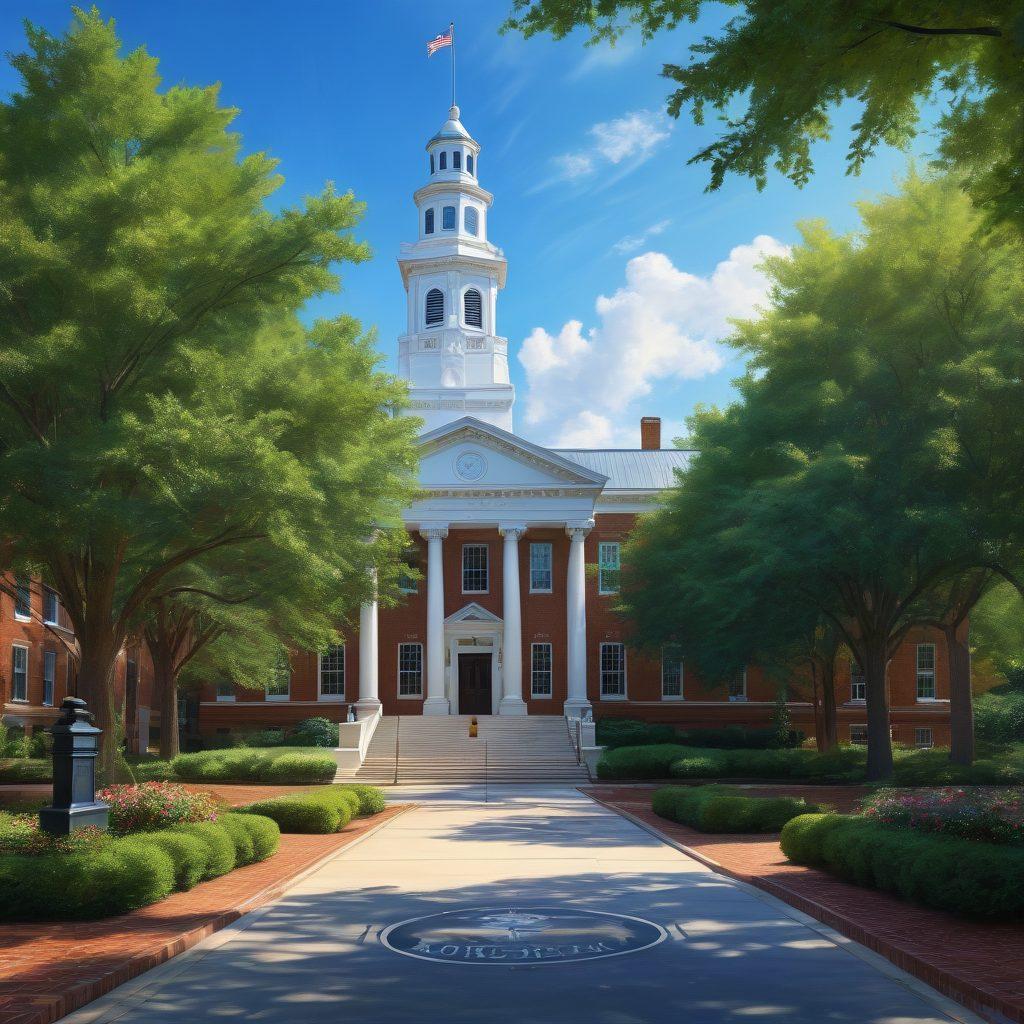 An artistic representation of the North Carolina courthouse with a prominent clock tower displaying the time, surrounded by lush green trees and vibrant blue sky. Include a flowing ribbon with court date highlights, guiding the viewer's eye. The scene captures the essence of the legal process in a welcoming way. Create an inviting atmosphere with soft lighting and vibrant colors. super-realistic. vibrant colors. 3D.